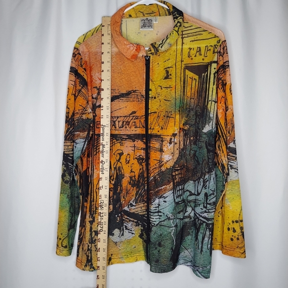 Parsley Sage Mesh Jacket Large Orange Stretch Abstract Cityscape Long Sleeve Art - Picture 3 of 11